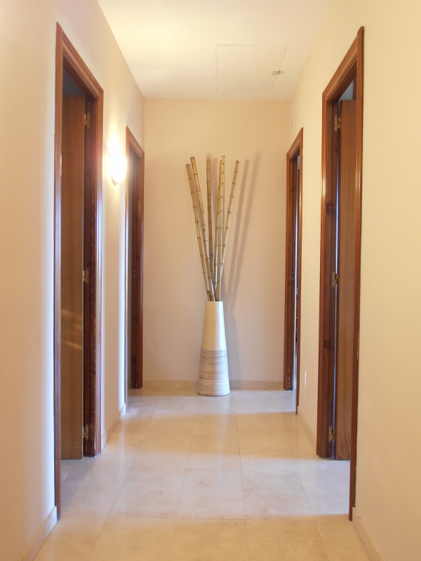 Pasillo de las habitaciones con jarrón decorativo