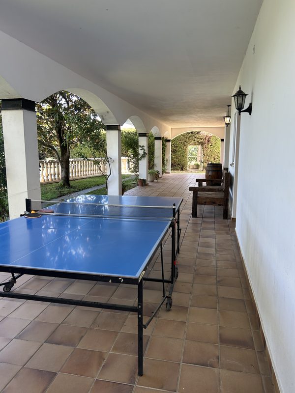 Porche alargado con mesa de ping-pong y vistas al jardín